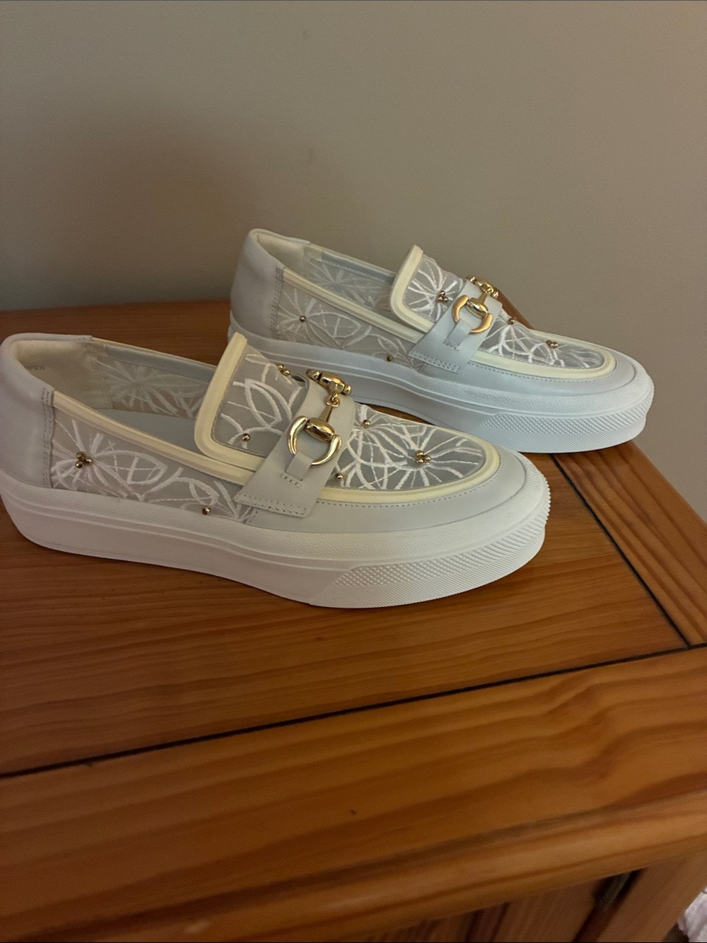 J Slides White Floral Embroidered Loafers with Gold Bit